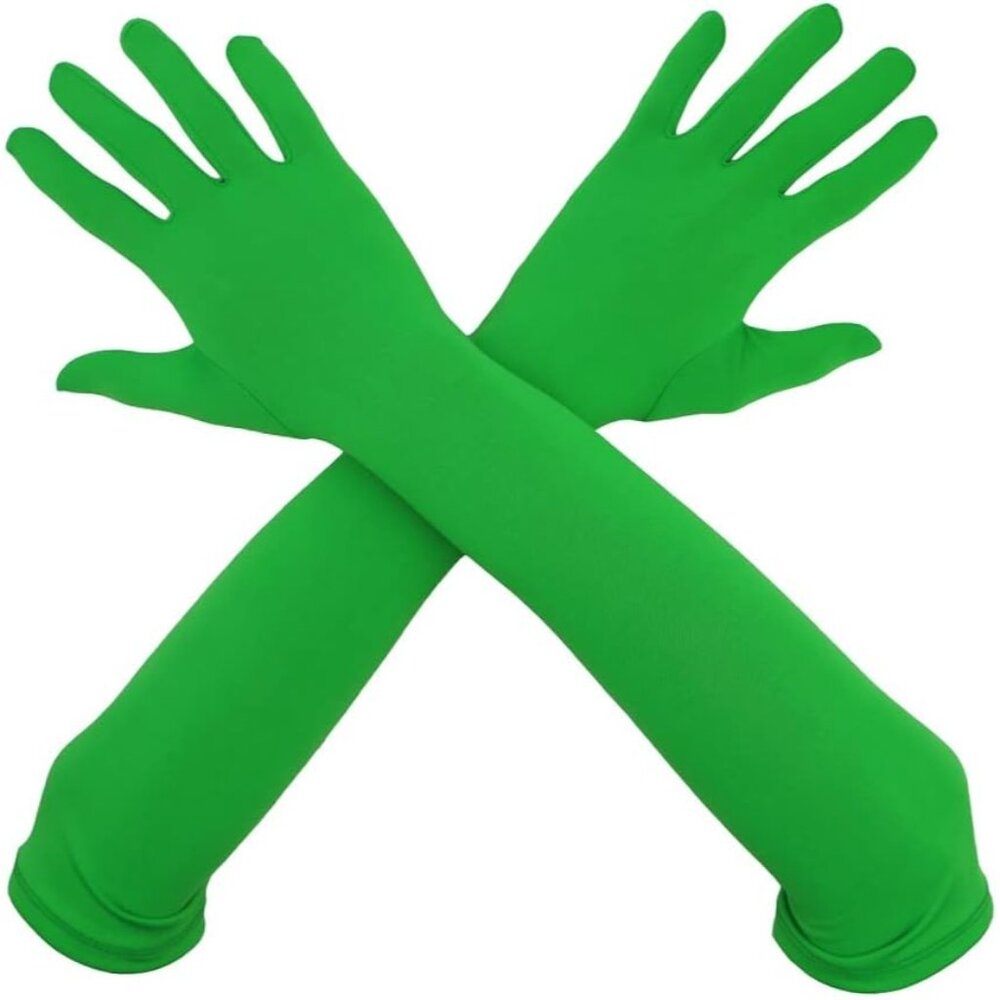 Women's Elbow Length Full Finger Satin Green Gloves Stretchy Party Costume